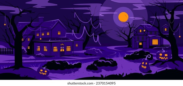 Halloween magic night landscape with houses vector illustration. Cartoon creepy October scene with spooky buildings windows and scary pumpkin with lights, dark road of village with trees, moon in sky