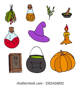 Halloween magic objects collection. Color outline elements for ritual. Hand drawn holiday set.