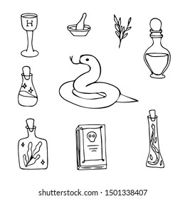 Halloween magic objects collection. Hand drawn elements for ritual. Sketch holiday vector illustration.