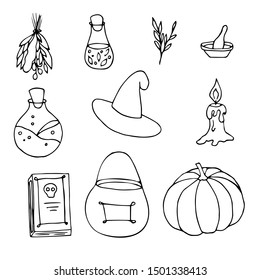 Halloween magic objects collection. Sketch elements for ritual. Hand drawn holiday vector set.