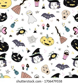 Halloween magic objects. Hand drawn color vector seamless pattern.