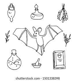 Halloween magic objects set. Sketch elements for ritual. Hand drawn holiday collection. Outline vector illustration.