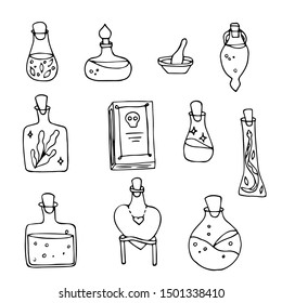 Halloween magic objects set. Sketch elements for ritual. Hand drawn potion collection. Outline vector illustration.