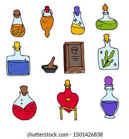 Halloween magic objects set. Vector elements for ritual. Hand drawn potion collection. 