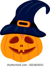 Halloween magic orange pumpkin character with dark blue hat smiles vector illustration