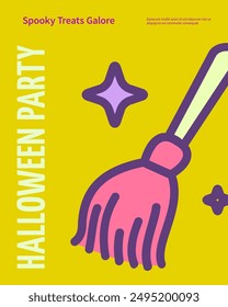 Halloween Magic Party Event Vertical Invitation Placard Poster Banner Card Template and Witch Broom. Vector illustration