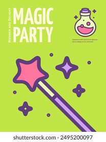 Halloween Magic Party and Wand with Star Vertical Placard Poster Banner Card Template Symbol of Magic. Vector illustration