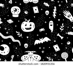 Patrón mágico de Halloween de araña de doodle dibujada a mano, cráneo, murciélago, calabaza, etc.Elementos de tinta de brujería espeluznante para decoración, impresión, tarjeta, camiseta.Vector.