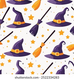 Halloween magic pattern, spooky witch hat illustation.