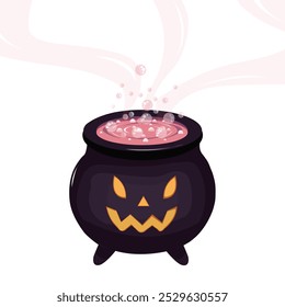 Halloween magic pot with pink potion.  Isolated evil item for wizard, sorceress or mage, cartoon pot with poison. Vector steel boiler with boiling magic brew or steaming goo. Witch cauldron