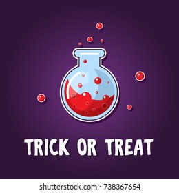 Halloween magic potion. Blood with red bubbles in glass potion bottle. Trick or treat card, poster, banner or invitation template. 