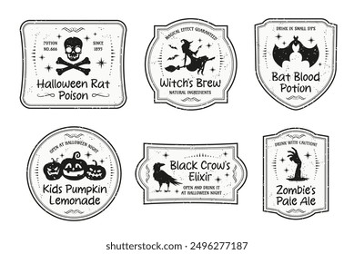 Halloween magic potion bottle labels, Isolated vector set of monochrome grunge badges for brew in retro style with a menacing skull and crossbones, witch on broom, raven, bat, pumpkins and zombie hand