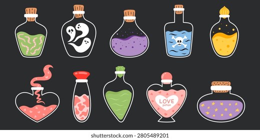 Halloween magic potion bottle set with love potion, ghost, skull, snake and star liquid. Colorful witch potion collection in various bottle shapes on dark background. Flat vector illustration