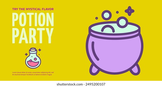 Halloween Magic Potion Party Horizontal Placard Poster Banner Card Template and Witch Cauldron with Magical Potion. Vector illustration