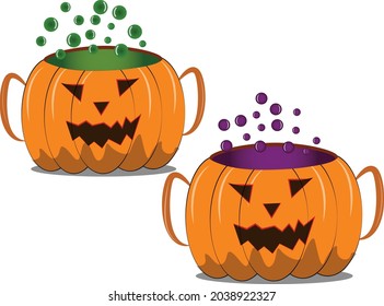 Halloween magic potion pot in pumpkin shape, Halloween object art 