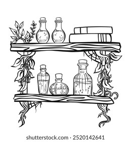 Halloween magic potion shelf coloring page printable art