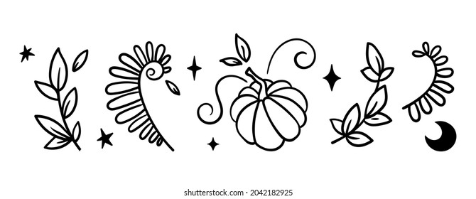 Halloween magic pumpkin and floral elements, moon and stars celestial isolated clipart set, Fall magic ouyline pumpkin, Thanksgiving decor, Autumn aesthetics - vector illustration set