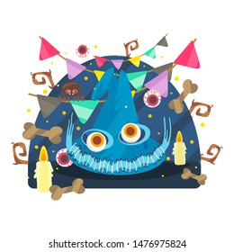Halloween. Magic scary hat. Garland of flags, dice and candles. Festive still life in cartoon flat style. Vector.