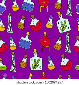 Halloween magic seamless. Background with elements for ritual. Potion vector pattern.