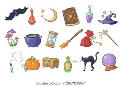 Halloween magic signs set, wizard hat, magic book, potion, broom, crystal ball, chest, hourglass, pumpkin, bat vector Illustrations