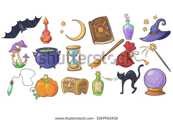 白い背景にハロウィーン 魔法と呪文の記号セット 魔法の帽子 魔法の本 ポーション 箒 水晶の玉 胸 砂時計 カボチャ バットベクターイラスト のベクター画像素材 ロイヤリティフリー