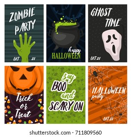 Halloween magic trick or treat party cards pumpkin ghost holiday brochure vector illustration. Traditional evil party.