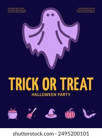 Halloween Magic Trick or Treat Vertical Placard Poster Banner Card Template with Levitating Phantom Ghost. Vector illustration