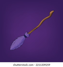  Halloween Magic, Witch Or Wizard Broom Or Broomstick Cartoon Icon Or Illustration. Purple Broom In Purple Background.