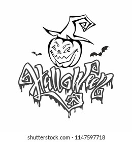 Halloween.  magical, ominous lettering. Postcard coloring for all saints day. Cartoon pumpkin monster in a witch hat. Vector