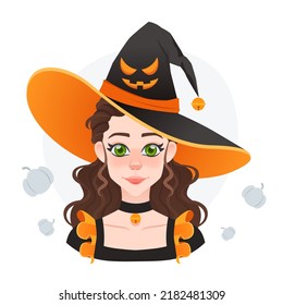 Halloween magician girl in big hat with angry face. Fairy tale girl. Pretty funny witch avatar for game and advertising