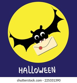 Halloween mail delivery cute illustration. Dracula bat take a mail. Black and white  background with full moon. Vector silhouette. Funny halloween card.