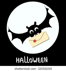 Halloween mail delivery cute illustration. Dracula bat take a mail. Black and white  background with full moon. Vector silhouette. Funny halloween card.