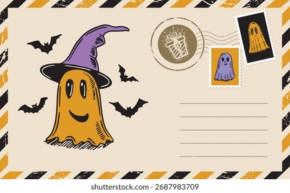 Halloween-Mail mit einem Geist, Postkarte, handgezeichnete Illustration.	
