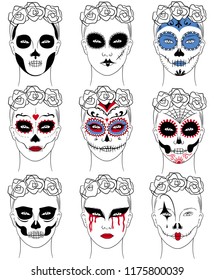 Halloween makeup. Dead bride woman in skull face art mask. Vector.