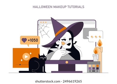 Halloween makeup tutorial concept. A character applies witch makeup while a video guide and comments appear on screen. Black cat, candles, and likes included. Vector illustration.