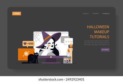 Halloween makeup tutorial website banner with a witch character applying cosmetics, a black cat, and social media interaction. Vector illustration.