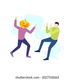 Halloween man with pumpkin head scare each other people character vector illustration flat design