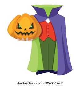 Hombre de Halloween con calabaza para la cabeza. Ilustración de dibujos animados planos vectoriales