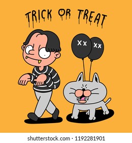 Halloween Man walking with his cat in an orange background.illustration vector