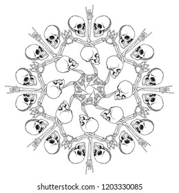 Halloween Mandala. Human hand bones and skulls arranged in an intricate gothic circular ornament. Gothic rose window motif. Tattoo design. Isolated on white background. EPS10 vector illustration