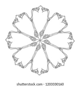 Halloween Mandala. Human hand bones and skulls arranged in an intricate gothic circular ornament. Gothic rose window motif. Tattoo design. Isolated on white background. EPS10 vector illustration