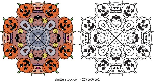Halloween mandala with Jack O’ Lanterns, cute monsters, and bats elements. Hand-drawn lines. Doodles art for greeting cards, invitations or posters. Coloring book for adults and kids.