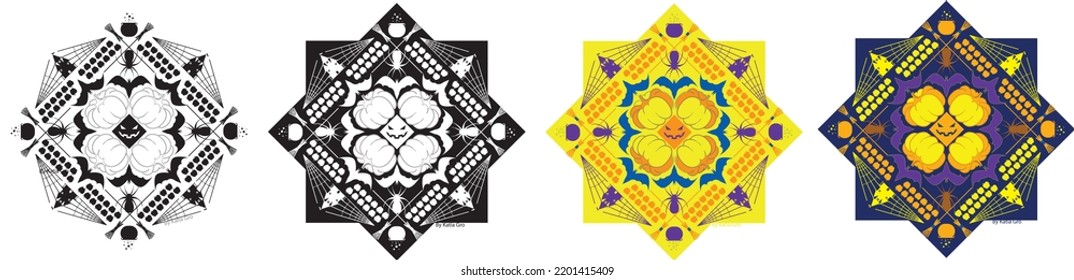 Halloween Mandala Ornament With Pumpkins, Apples, Witch Cauldron, Spiders, Bats, Castle, Web And Scarecrow Face. High Contrast