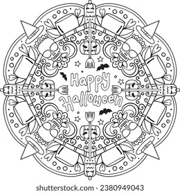 Halloween mandala with skull and pumpkin elements. Hand drawn lines. Doodles art for greeting cards, invitation or poster. Coloring book for adult and kids.