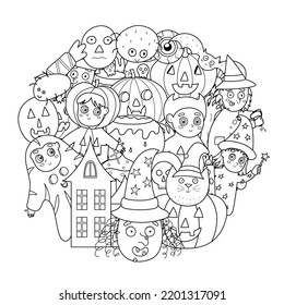 Halloween mandala with spooky characters for coloring book. Black and white circle shape pattern with witch, ghost, pumpkin, spider and others. Vector illustration