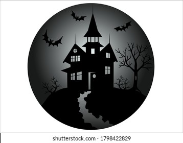 Halloween mansion with bats and footpath - vector black and white illustration. Illustration for the holiday Halloween - haunted house or witch house - black silhouette.