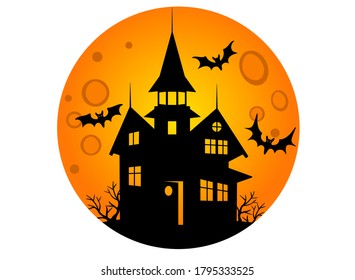 Halloween mansion with bats on the background of the orange moon - vector full color illustration. Illustration for the holiday Halloween - haunted house or witch house - bright full moon.