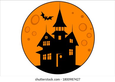 Halloween mansion with bats on the background of the orange moon - vector round illustration. Illustration for the holiday Halloween - a scary house.