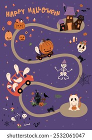 Halloween Karte, Labyrinth oder Labyrinth Spielkarte oder Einladung zur Party. Süße Vektorgeister, Kürbis, Jagdhaus, Straße, Weg, Auto, Skelett. Kinder Bildung Puzzle Weg durch Cartoon-Elemente.