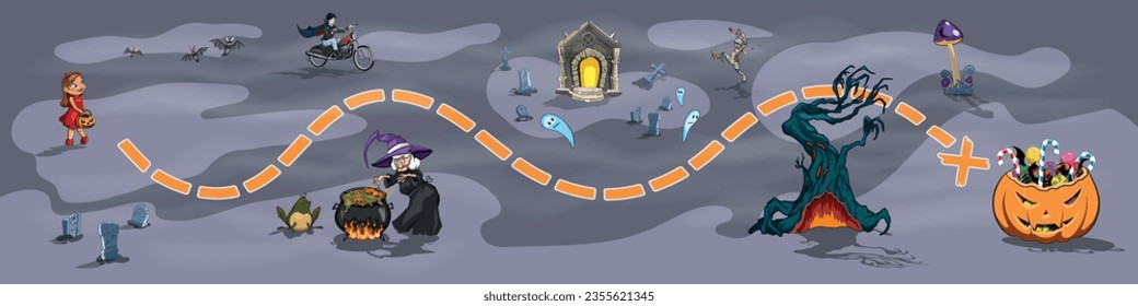 Halloween map for maze puzzle. Kids game labyrinth. Path through scary cemetery. Children banner with mystery road. Vector illustration